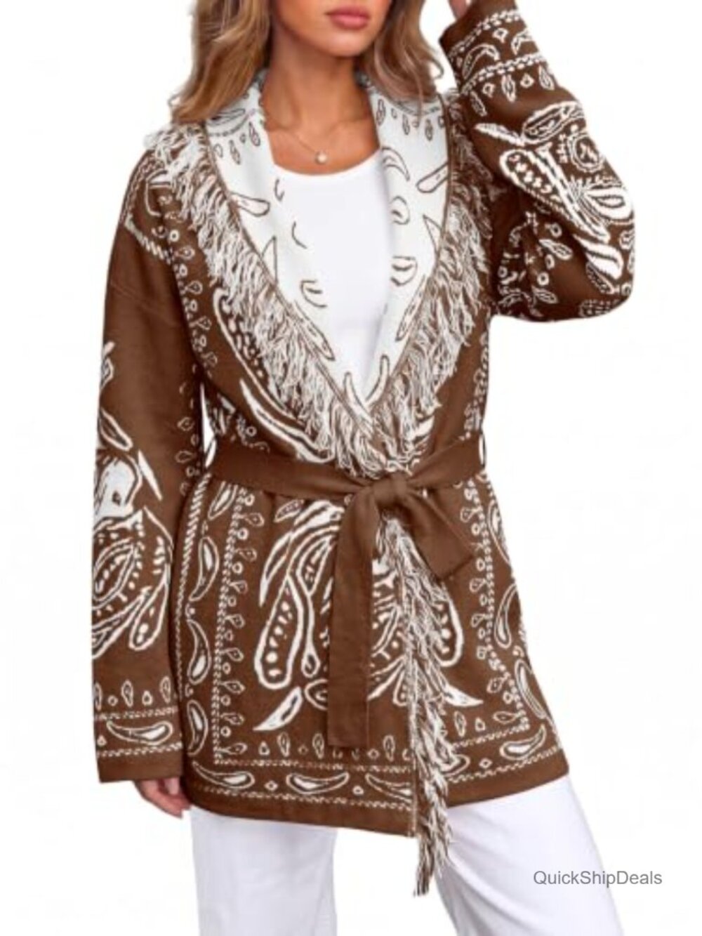 Womens Paisley Cardigan Belted Fringe Shawl Collar Boho Sweater
